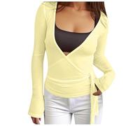 Chemise à manches longues avec cordon de serrage à l'avant - Style décontracté - Col rond pour la modernité, jaune, L