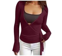 Chemise à manches longues avec cordon de serrage à l'avant - Style décontracté - Col rond pour la modernité, rouge, S