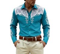 Chemise à manches longues avec imprimé intégral pour les thèmes décontractés western et cowboy, bleu clair, L