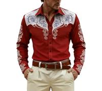 Chemise à manches longues avec imprimé intégral pour les thèmes décontractés western et cowboy, rouge, XXL