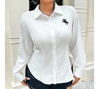 Chemise à manches longues boutonnée blanche minimaliste à coupe slim avec décor brodé, pour femmes grandes tailles. Idéale pour le quotidien, l'automne, l'hiver, le travail, l'enseignement, les affair