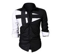 Chemise à manches longues boutonnée pour homme - Couleur patchwork - Style décontracté - Col montant - Coupe ajustée - Haut de bureau tendance - Couleur unie - Chemisier léger et formel, Noir , 3XL