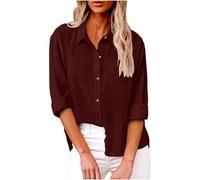 Chemise à manches longues décontractée boutonnée en coton et lin pour femme - T-shirt d'été à col en V - Chemisier à manches longues - Col ample - T-shirt surdimensionné - Chemisier habillé pour le