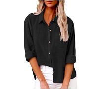 Chemise à manches longues décontractée boutonnée en coton et lin pour femme - T-shirt d'été à col en V - Chemisier à manches longues - Col ample - T-shirt surdimensionné - Chemisier habillé pour le