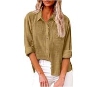 Chemise à manches longues décontractée boutonnée en coton et lin pour femme - T-shirt d'été à col en V - Chemisier à manches longues - Col ample - T-shirt surdimensionné - Chemisier habillé pour le