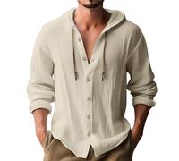 Chemise à manches longues en chanvre et coton pour homme avec cordon de serrage de qualité originale coupe standard col grand-père chemises boutonnées hauts avec épaules tombantes légères et