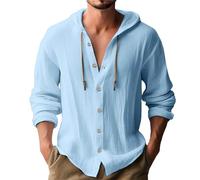 Chemise à manches longues en chanvre et coton pour homme avec cordon de serrage de qualité originale coupe standard col grand-père chemises boutonnées hauts avec épaules tombantes légères et