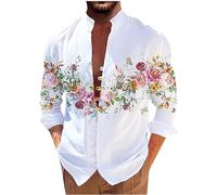 Chemise à manches longues en lin pour homme - Coupe ample - Col à bandes - Haut élastique - Chemise Henley, Fleur - Rouge, Taille M