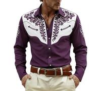 Chemise à manches longues imprimée style festival et aventure occidentale décontractée avec boutonnière pour le quotidien, lilas, M