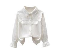 Chemise à manches longues pour enfants - Col Peter Pan - Manches bouffantes - Chemisier à volants en dentelle - T-shirt en coton - Chemisier d'école boutonné pour enfants de 3 à 15 ans, b blanc, 3 ans