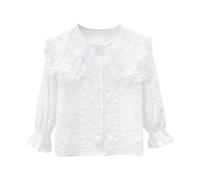 Chemise à manches longues pour enfants - Col Peter Pan - Manches bouffantes - Chemisier à volants en dentelle - T-shirt en coton - Chemisier d'école boutonné pour enfants de 3 à 15 ans, a blanc, 5 ans