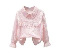 Chemise à manches longues pour enfants - Col Peter Pan - Manches bouffantes - Chemisier à volants en dentelle - T-shirt en coton - Chemisier d'école boutonné pour enfants de 3 à 15 ans, b rose, 13 ans