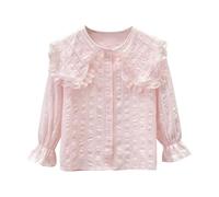 Chemise à manches longues pour enfants - Col Peter Pan - Manches bouffantes - Chemisier à volants en dentelle - T-shirt en coton - Chemisier d'école boutonné pour enfants de 3 à 15 ans, a rose, 5 ans