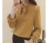 Chemise à manches longues pour femme avec nœud style français, convient pour les looks décontractés rétro printemps été (XXXL jaune)