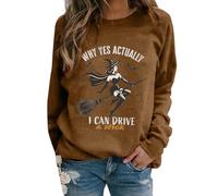 Chemise à manches longues pour femme, coupe droite, sweat-shirt d'Halloween pour femme, sweatshirt d'Halloween « Why Yes Actually I Can Drive A Stick Witch » - Jaune - Tendance - Décontracté - Col