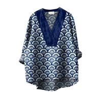 Chemise à manches longues pour femme - Noir - Motif géométrique traditionnel japonais - Imprimé - Décontracté - Coton et lin - Col en V - Vêtements pour femmes, bleu, M