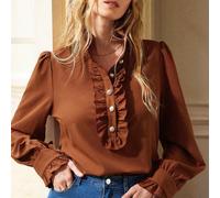 Chemise à manches longues pour femmes en couleur unie, col et manches à volants de lotus brodés de style rétro français. Convient pour les soirées élégantes, les réunions de cour et les déplacements q