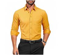 Chemise à manches longues pour homme - Coupe droite - Boutonnière - Infroissable - Couleur unie - Stretch - Chemise décontractée à manches longues, jaune, XXL