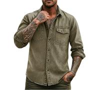 Chemise à manches longues pour homme - Décontractée - Cargo - Vintage - En coton et lin - Style vieilli - Pour l'extérieur - Coupe droite - Chemise de loisirs légère boutonnée - Avec poche de poitrine