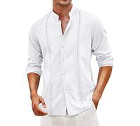 Chemise à manches longues pour homme en coton chanvre - Sans repassage - Col montant - Coupe régulière - Respirant - Pour l'été, la marche, la randonnée au quotidien, blanc, L