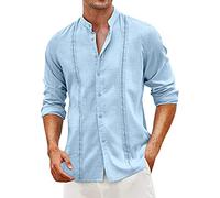 Chemise à manches longues pour homme en coton chanvre - Sans repassage - Col montant - Coupe régulière - Respirant - Pour l'été, la marche, la randonnée au quotidien, bleu ciel, XL