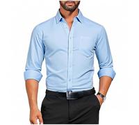 Chemise à manches longues pour homme - Infroissable - Coupe droite - Stretch - Couleur unie - Boutonnière - Chemise décontractée à manches longues, bleu clair, M