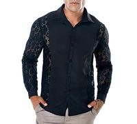 Chemise à manches longues pour homme - Motif floral transparent - Dentelle à manches longues - Bouton Down Clubwear - En maille - Maillot de corps sexy - Perspective à manches longues, Noir , L