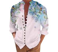 Chemise à manches longues pour homme - Pour les vacances, la mer, les loisirs, le bouton ample, le col montant, impression numérique 3D - En lin, bleu, M