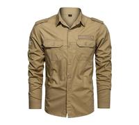 Chemise à manches longues pour homme Printemps Automne Solide Poche Lâche Tendance Casual, Kaki 1907, XL