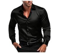 Chemise à manches longues stretch pour homme - En satin - Manches longues - Infroissable - Coupe droite - Pour mariage - Chemise basique, a noir, M