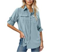 Chemise à manches longues UPF 50 pour femme - Protection solaire UV - Tissu à séchage rapide - Style safari - Idéal pour la pêche en plein air, la randonnée et les voyages, bleu clair, M