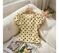 Chemise à manches volantées col rond couleur unie pour femmes, jaune, blouse élégante à boutons de perle décorée, style français polyvalent et à la mode, top d'été élégant L,M,S,XLGéométriqueÉtoffe