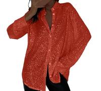 Chemise à paillettes à col surdimensionné pour femme, chemisier scintillant ouvert sur le devant, coupe ample, haut de fête, concert, chemisier décontracté à paillettes, Rouge, L