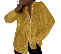 Chemise à paillettes à col surdimensionné pour femme, chemisier scintillant ouvert sur le devant, coupe ample, haut de fête, concert, chemisier décontracté à paillettes, doré, L
