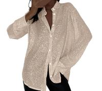 Chemise à paillettes à col surdimensionné pour femme, chemisier scintillant ouvert sur le devant, coupe ample, haut de fête, concert, chemisier décontracté à paillettes, Argenté., L
