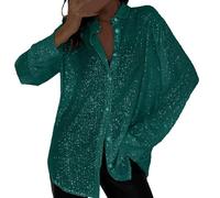 Chemise à paillettes à col surdimensionné pour femme, chemisier scintillant ouvert sur le devant, coupe ample, haut de fête, concert, chemisier décontracté à paillettes, Vert, XL