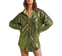 Chemise à Paillettes Femme Col en V Brillant Long Blouse Manche Longue Femme Chic Et élégant Grande Taille Fashion Printemps Fête Cérémonie Soirée Tops Haut Tee Shirt (Vert, L)