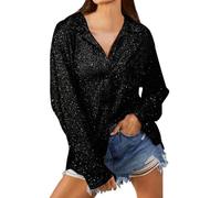 Chemise à Paillettes Femme Long Col en V Blouse Manche Longue Femme Chic Et élégant Brillant Grande Taille Fashion Printemps Fête Cérémonie Soirée Tops Haut Tee Shirt (Black, XXL)