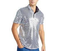 Chemise à paillettes pour homme - Manches courtes - Costume de fête disco - Chemise à manches courtes - Avec col Kent - Chemise disco années 70 et 80 - Brillant - Costume de fête, argenté, L