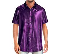 Chemise à paillettes pour homme - Manches courtes - Métallique - Col rond - Manches courtes - Style disco des années 70 - Style hipster - Maillot de corps - Chemise d'été - Tenue de fête, O violet, M