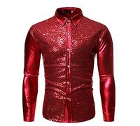 Chemise à paillettes pour homme - Manches longues - Costume de fête disco brillante - Chemises métalliques brillantes - Carnaval - Satin - Boule disco - Vêtement des années 90 - Paillettes - Muscle