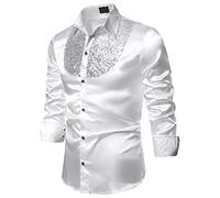 Chemise à paillettes pour homme - Manches longues - Coupe ajustée - Boutonnée - Costume de carnaval pour club, hip hop, fête disco des années 70, cosplay, carnaval, Halloween, O blanc., L