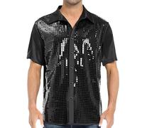 Chemise à paillettes pour homme - Motif cachemire - Manches longues - Chemise disco des années 70 et 80 - Costume de fête hippie - Nouvel An - Carnaval - Or noir - Veste d'affaires, Noir 06, 3XL
