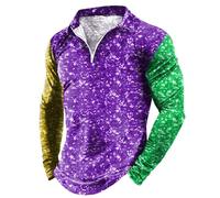 Chemise à paillettes pour homme - Multicolore - Brillant - Manches longues - Rétro - Coupe ajustée - Chemise de danse hip-hop - Costume disco des années 70 - Haut avec fermeture éclair 1/4 - Chemise à