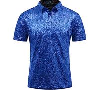 Chemise à paillettes pour homme - Polo à manches courtes - Coupe droite - Polo disco - Fête - Haut à paillettes - Grandes tailles - Col des années 80 - T-shirt d'été - Coupe droite, Marine, M