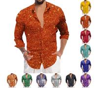 Chemise à paillettes pour homme - Style disco des années 70 - Coupe festive - Nouvel An - Infroissable - Style vintage - Couleur unie - Rave - Fête festive - Vêtement élégant, C-Orange, M