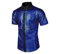 Chemise à Paillettes Style Disco Homme Manches Courtes,Polo Shirts Homme Revers Brillant Paillettes des Années 70,Tee Shirt Homme Costume Hippy Fête Brillante Clubwear pour Carnaval