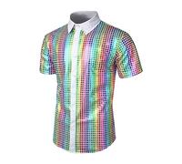 Chemise à Paillettes Style Disco Homme Manches Courtes,Polo Shirts Homme Revers Brillant Paillettes des Années 70,Tee Shirt Homme Costume Hippy Fête Brillante Clubwear pour Carnaval