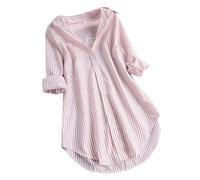 Chemise A Rayures Femme Manches Longues- Blouse Grande Taille Col en V Ample De Travail Haut Décontracté avec Bouton Été T-Shirt Comfortable Léger Doux Tunique Mi-Longue Simple Top