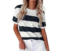 Chemise à rayures pour femmes frontière américaine mode rayures impression col rond manches courtes t-shirt décontracté femmes blanc t-shirt femme dentelle, Noir , S